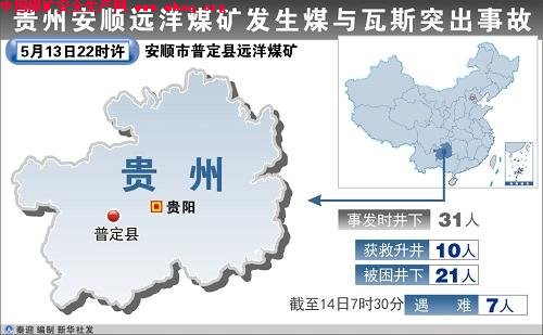 貴州安順遠洋<a href=http://www.hy77.org target=_blank class=infotextkey>煤礦</a>發生煤與瓦斯突出<a href=http://www.hy77.org/sggl/ target=_blank class=infotextkey>事故</a>，截至14日9時30分，搶險人員已發現21名礦工遇難。 新華社發